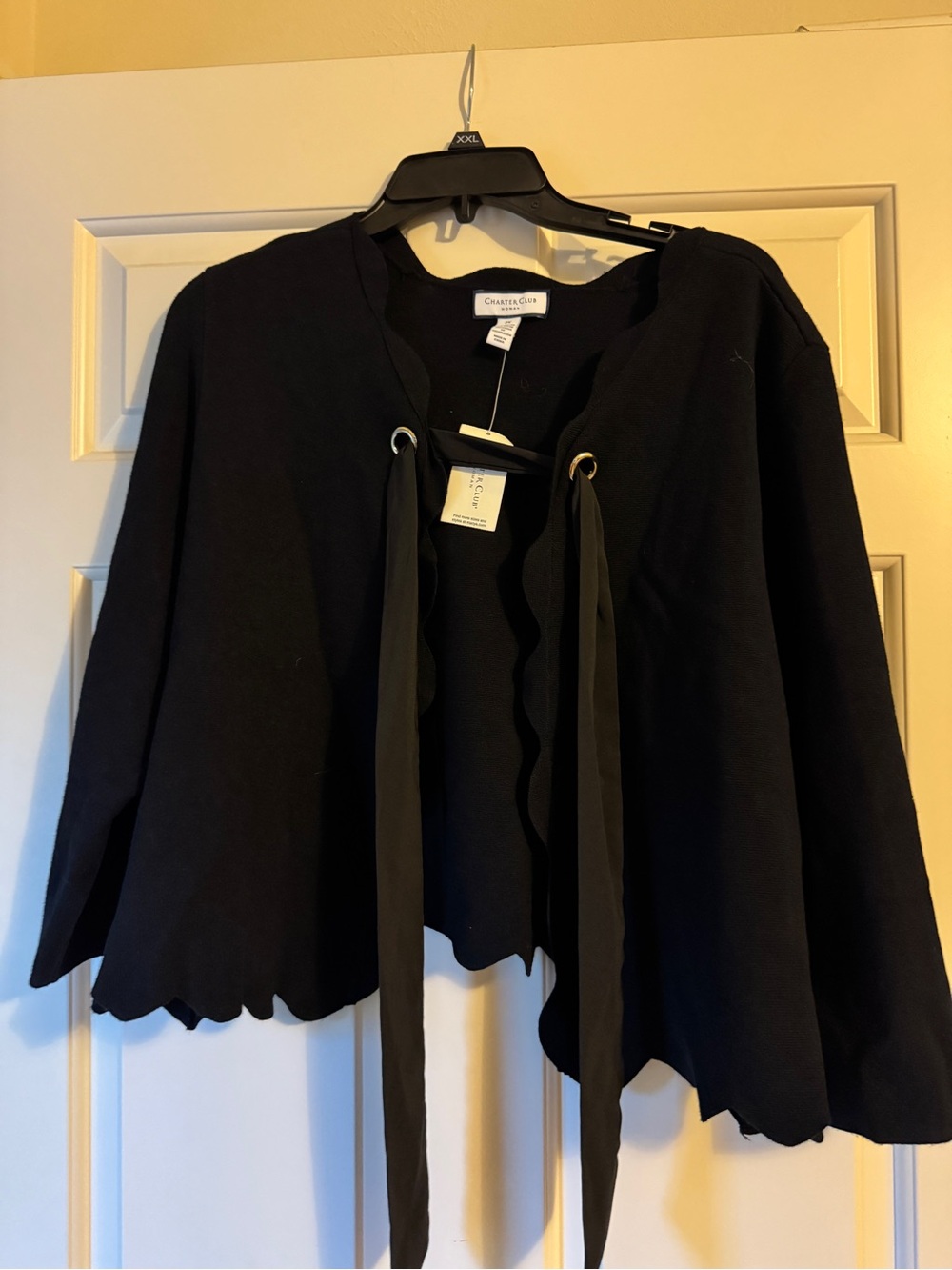 Charter Club Black Scalloped Tie-Front Cardigan Shrug